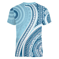 Bula Fiji Vintage Tapa Women V-Neck T-Shirt Kaivity Masi Wave Motifs - Turquoise