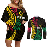 Personalised Vanuatu Couples Matching Off Shoulder Short Dress and Long Sleeve Button Shirts Melanesian Sand Drawing Mixed - Ni Van and Proud LT7 Black - Polynesian Pride