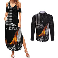 Hawaii Humpback Whale Couples Matching Summer Maxi Dress and Long Sleeve Button Shirts Be Strong - Pray For Maui LT7 Black - Polynesian Pride