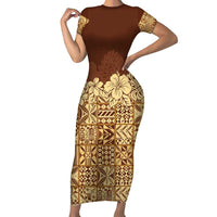 Niue Hiapo Motif Family Matching Short Sleeve Bodycon Dress and Hawaiian Shirt Tapa Classic LT7 Mom's Dress Beige - Polynesian Pride