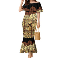 Niue Hiapo Motif Family Matching Mermaid Dress and Hawaiian Shirt Tapa Classic - Black Ver LT7 Mom's Dress Black - Polynesian Pride
