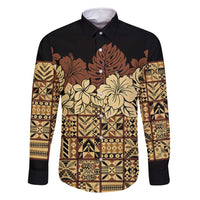 Niue Hiapo Motif Family Matching Tank Maxi Dress and Hawaiian Shirt Tapa Classic - Black Ver LT7 Dad's Shirt - Long Sleeve Black - Polynesian Pride