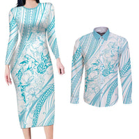 Sharks Couple Dreamy Polynesians Floral Sea Couples Matching Long Sleeve Bodycon Dress and Long Sleeve Button Shirt Turquoise LT7 Turquoise - Polynesian Pride