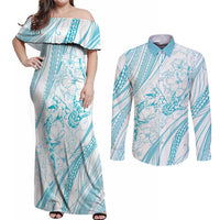Sharks Couple Dreamy Polynesians Floral Sea Couples Matching Off Shoulder Maxi Dress and Long Sleeve Button Shirt Turquoise - Polynesian Pride