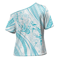 Sharks Couple Dreamy Polynesians Floral Sea Cross Shoulder Shirt Turquoise - Polynesian Pride