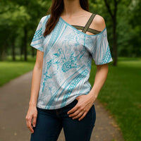 Sharks Couple Dreamy Polynesians Floral Sea Cross Shoulder Shirt Turquoise - Polynesian Pride