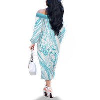 Sharks Couple Dreamy Polynesians Floral Sea Family Matching Off The Shoulder Long Sleeve Dress and Hawaiian Shirt Turquoise LT7 - Polynesian Pride