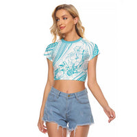 Sharks Couple Dreamy Polynesians Floral Sea Raglan Cropped T Shirt Turquoise - undefined
