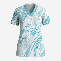 Sharks Couple Dreamy Polynesians Floral Sea Scrub Top Turquoise - Polynesian Pride
