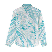Sharks Couple Dreamy Polynesians Floral Sea Women Casual Shirt Turquoise - Polynesian Pride