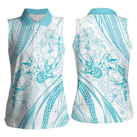 Sharks Couple Dreamy Polynesians Floral Sea Women Sleeveless Polo Shirt Turquoise - Polynesian Pride