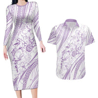 Sharks Couple Dreamy Polynesians Floral Sea Couples Matching Long Sleeve Bodycon Dress and Hawaiian Shirt Lilac LT7 Lilac - Polynesian Pride