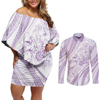 Sharks Couple Dreamy Polynesians Floral Sea Couples Matching Off Shoulder Short Dress and Long Sleeve Button Shirt Lilac - Polynesian Pride