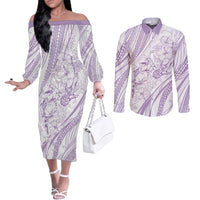 Sharks Couple Dreamy Polynesians Floral Sea Couples Matching Off The Shoulder Long Sleeve Dress and Long Sleeve Button Shirt Lilac LT7 Lilac - Polynesian Pride