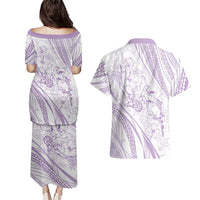 Sharks Couple Dreamy Polynesians Floral Sea Couples Matching Puletasi and Hawaiian Shirt Lilac - Polynesian Pride