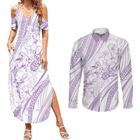 Sharks Couple Dreamy Polynesians Floral Sea Couples Matching Summer Maxi Dress and Long Sleeve Button Shirt Lilac - Polynesian Pride