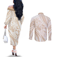 Sharks Couple Dreamy Polynesians Floral Sea Couples Matching Off The Shoulder Long Sleeve Dress and Long Sleeve Button Shirt Hazel LT7 - Polynesian Pride