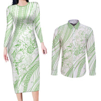 Sharks Couple Dreamy Polynesians Floral Sea Couples Matching Long Sleeve Bodycon Dress and Long Sleeve Button Shirt Emerald - Polynesian Pride