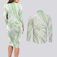 Sharks Couple Dreamy Polynesians Floral Sea Couples Matching Long Sleeve Bodycon Dress and Long Sleeve Button Shirt Emerald - Polynesian Pride