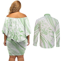 Sharks Couple Dreamy Polynesians Floral Sea Couples Matching Off Shoulder Short Dress and Long Sleeve Button Shirt Emerald - Polynesian Pride