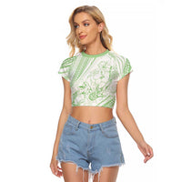 Sharks Couple Dreamy Polynesians Floral Sea Raglan Cropped T Shirt Emerald - Polynesian Pride