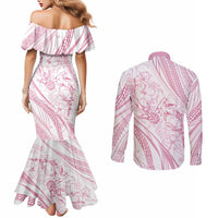 Sharks Couple Dreamy Polynesians Floral Sea Couples Matching Mermaid Dress and Long Sleeve Button Shirt Pink LT7 - Polynesian Pride