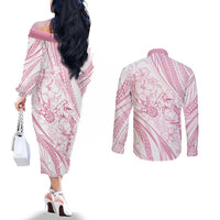 Sharks Couple Dreamy Polynesians Floral Sea Couples Matching Off The Shoulder Long Sleeve Dress and Long Sleeve Button Shirt Pink LT7 - Polynesian Pride