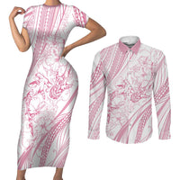 Sharks Couple Dreamy Polynesians Floral Sea Couples Matching Short Sleeve Bodycon Dress and Long Sleeve Button Shirt Pink LT7 Pink - Polynesian Pride