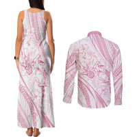 Sharks Couple Dreamy Polynesians Floral Sea Couples Matching Tank Maxi Dress and Long Sleeve Button Shirt Pink - Polynesian Pride