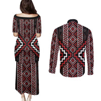 Red Tukutuku Pattern Aotearoa Couples Matching Puletasi and Long Sleeve Button Shirt Niho Taniwha and Puhoro Motifs