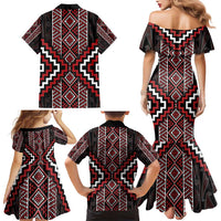Red Tukutuku Pattern Aotearoa Family Matching Mermaid Dress and Hawaiian Shirt Niho Taniwha and Puhoro Motifs LT7 - Polynesian Pride
