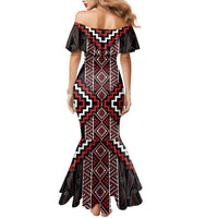 Red Tukutuku Pattern Aotearoa Family Matching Mermaid Dress and Hawaiian Shirt Niho Taniwha and Puhoro Motifs LT7 - Polynesian Pride