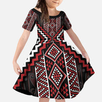 Red Tukutuku Pattern Aotearoa Family Matching Off The Shoulder Long Sleeve Dress and Hawaiian Shirt Niho Taniwha and Puhoro Motifs LT7 Daughter's Dress Red - Polynesian Pride