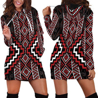 Red Tukutuku Pattern Aotearoa Hoodie Dress Niho Taniwha and Puhoro Motifs