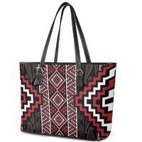 Red Tukutuku Pattern Aotearoa Leather Tote Bag Niho Taniwha and Puhoro Motifs