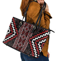 Red Tukutuku Pattern Aotearoa Leather Tote Bag Niho Taniwha and Puhoro Motifs