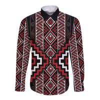 Red Tukutuku Pattern Aotearoa Long Sleeve Button Shirt Niho Taniwha and Puhoro Motifs