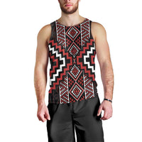 Red Tukutuku Pattern Aotearoa Men Tank Top Niho Taniwha and Puhoro Motifs