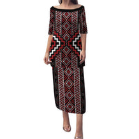 Red Tukutuku Pattern Aotearoa Puletasi Niho Taniwha and Puhoro Motifs