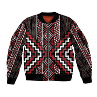 Red Tukutuku Pattern Aotearoa Sleeve Zip Bomber Jacket Niho Taniwha and Puhoro Motifs