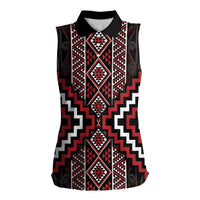 Red Tukutuku Pattern Aotearoa Women Sleeveless Polo Shirt Niho Taniwha and Puhoro Motifs