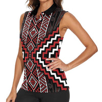 Red Tukutuku Pattern Aotearoa Women Sleeveless Polo Shirt Niho Taniwha and Puhoro Motifs