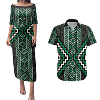 Jade Tukutuku Pattern Aotearoa Couples Matching Puletasi and Hawaiian Shirt Niho Taniwha and Puhoro Motifs LT7 Green - Polynesian Pride