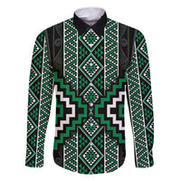 Jade Tukutuku Pattern Aotearoa Family Matching Long Sleeve Bodycon Dress and Hawaiian Shirt Niho Taniwha and Puhoro Motifs LT7 Dad's Shirt - Long Sleeve Green - Polynesian Pride