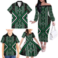 Jade Tukutuku Pattern Aotearoa Family Matching Off The Shoulder Long Sleeve Dress and Hawaiian Shirt Niho Taniwha and Puhoro Motifs LT7 - Polynesian Pride