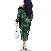 Jade Tukutuku Pattern Aotearoa Family Matching Off The Shoulder Long Sleeve Dress and Hawaiian Shirt Niho Taniwha and Puhoro Motifs LT7 - Polynesian Pride