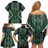 Jade Tukutuku Pattern Aotearoa Family Matching Off Shoulder Short Dress and Hawaiian Shirt Niho Taniwha and Puhoro Motifs LT7 - Polynesian Pride