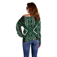 Jade Tukutuku Pattern Aotearoa Off Shoulder Sweater Niho Taniwha and Puhoro Motifs