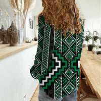 Jade Tukutuku Pattern Aotearoa Women Casual Shirt Niho Taniwha and Puhoro Motifs