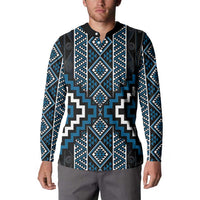 Azure Tukutuku Pattern Aotearoa Button Sweatshirt Niho Taniwha and Puhoro Motifs